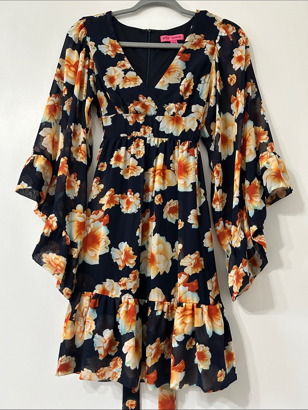 Betsey Johnson Dress Navy Garden Floral Mini Drama Bell Sleeves Fit and Flare - Picture 16 of 16